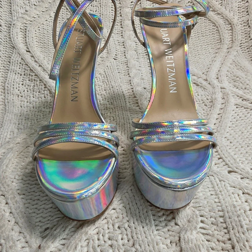 Stuart Weitzman‎ Soiree 145 Platform Silver Holographic Heels Sandals 7.5 NEW